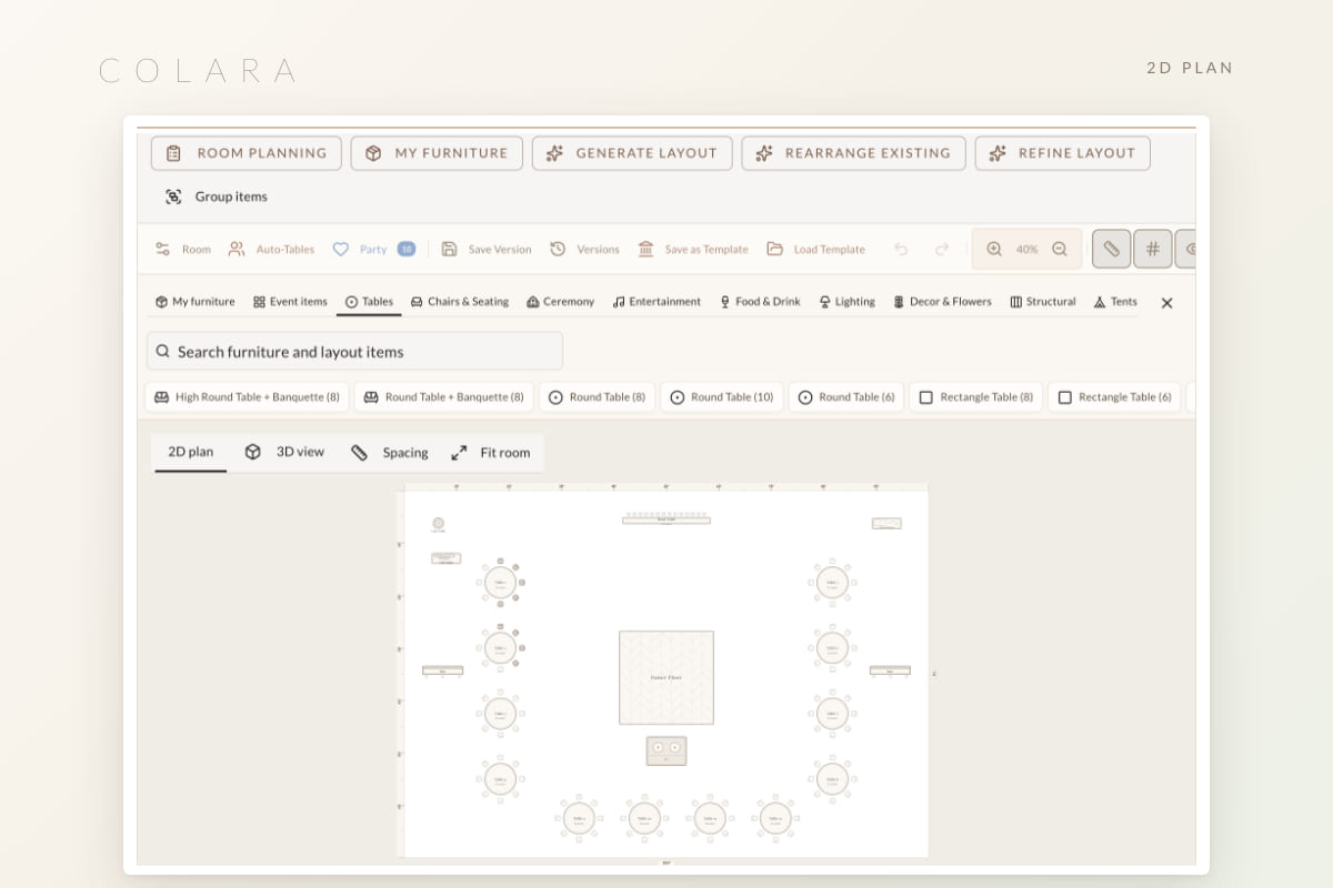 The 2D venue plan with round tables, a dance floor and the Room planning, Generate layout and Refine layout tools