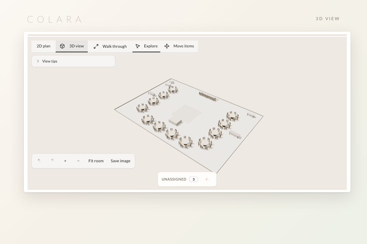 The 3D view of the venue layout from above at an angle, with Fit room and Save image controls
