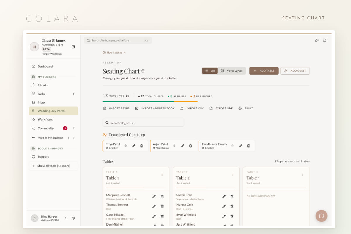 The seating chart page with twelve tables, guests assigned to the first three and an unassigned guests list
