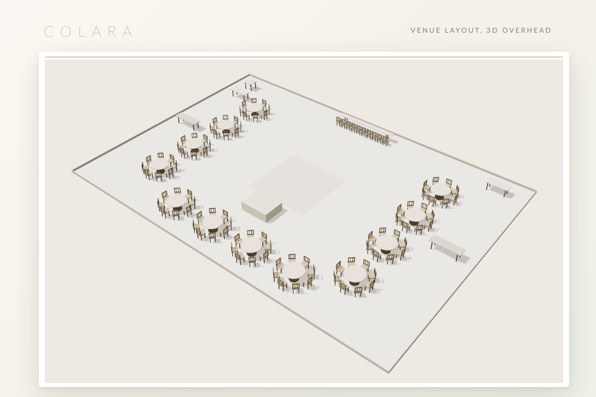 An overhead 3D view of a generated reception layout in Colara with round guest tables, a dance floor and a head table
