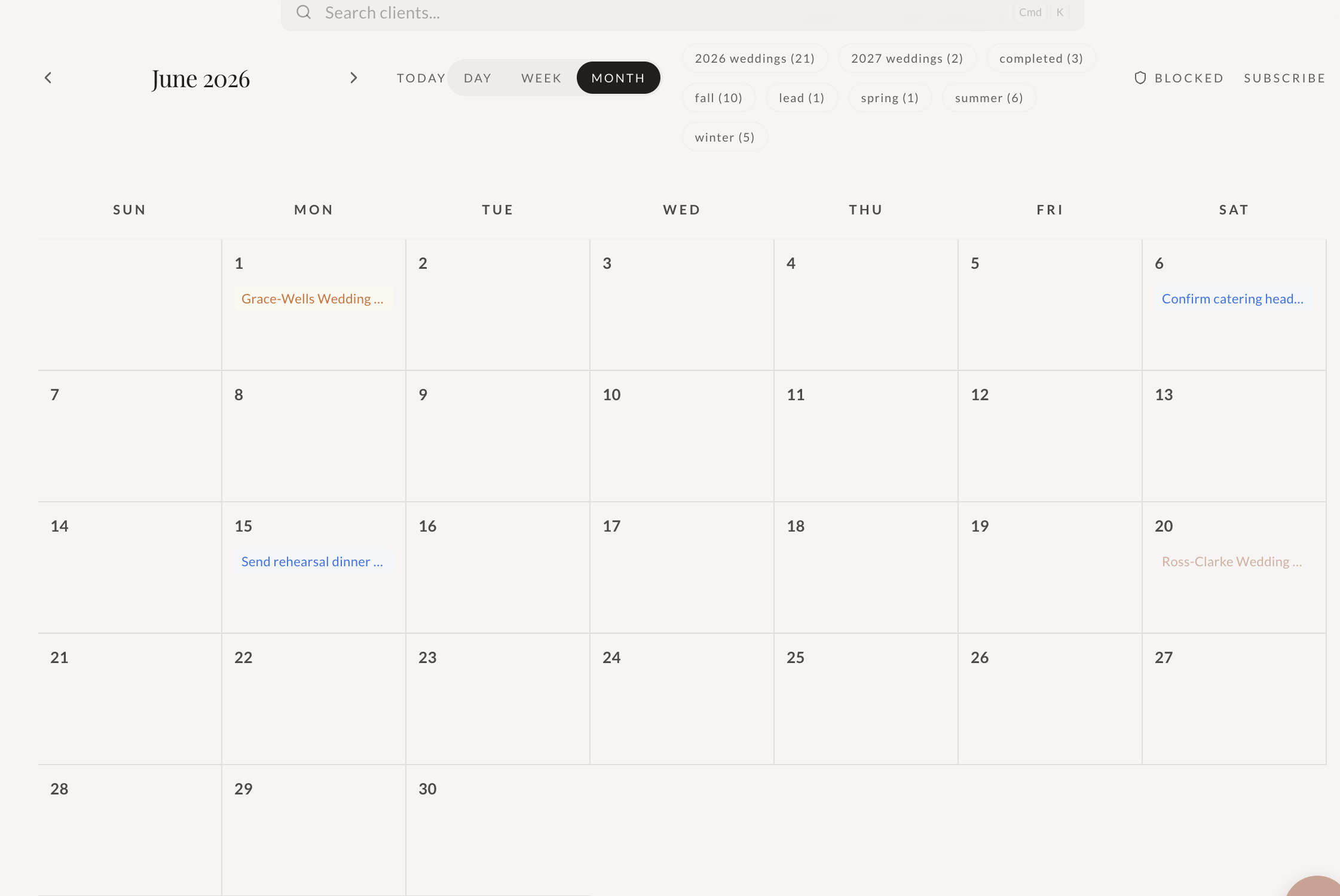 A monthly calendar view from Colara showing scheduled weddings and tasks