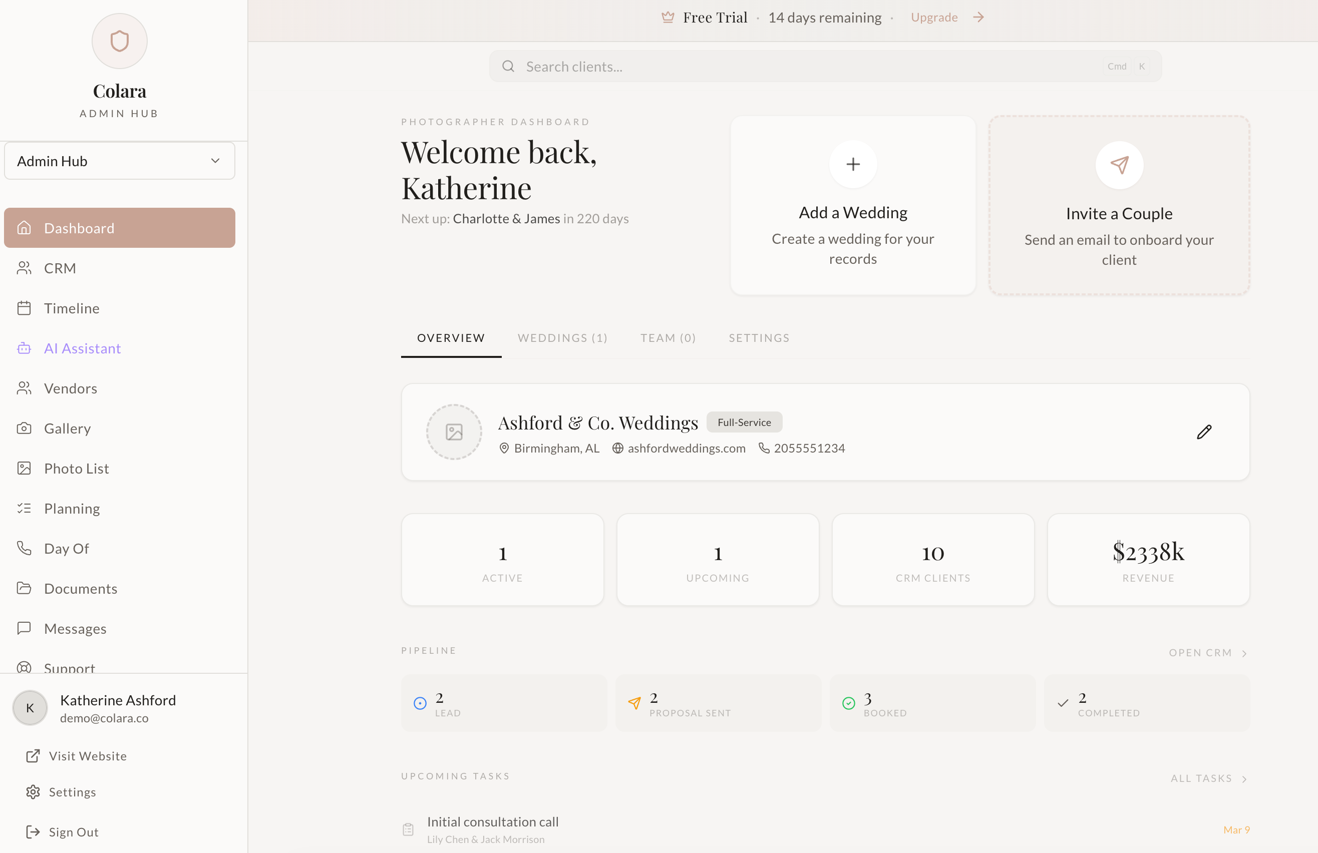 Colara's photographer dashboard showing active weddings, pipeline stages, and client workflow