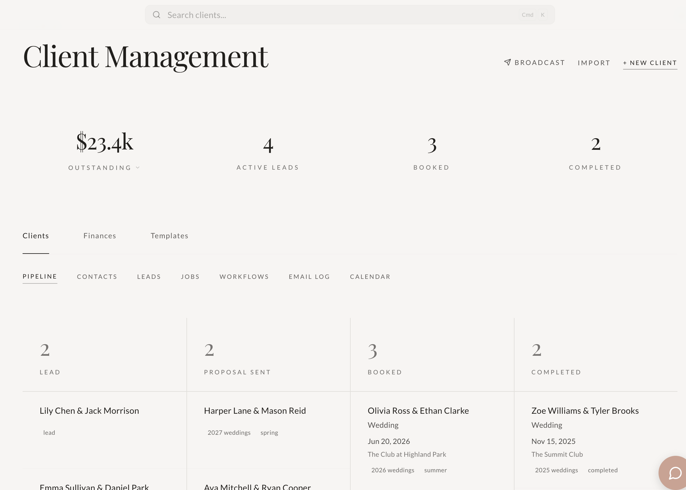 A dashboard view of Colara's client management system showing revenue, lead status, and the full pipeline