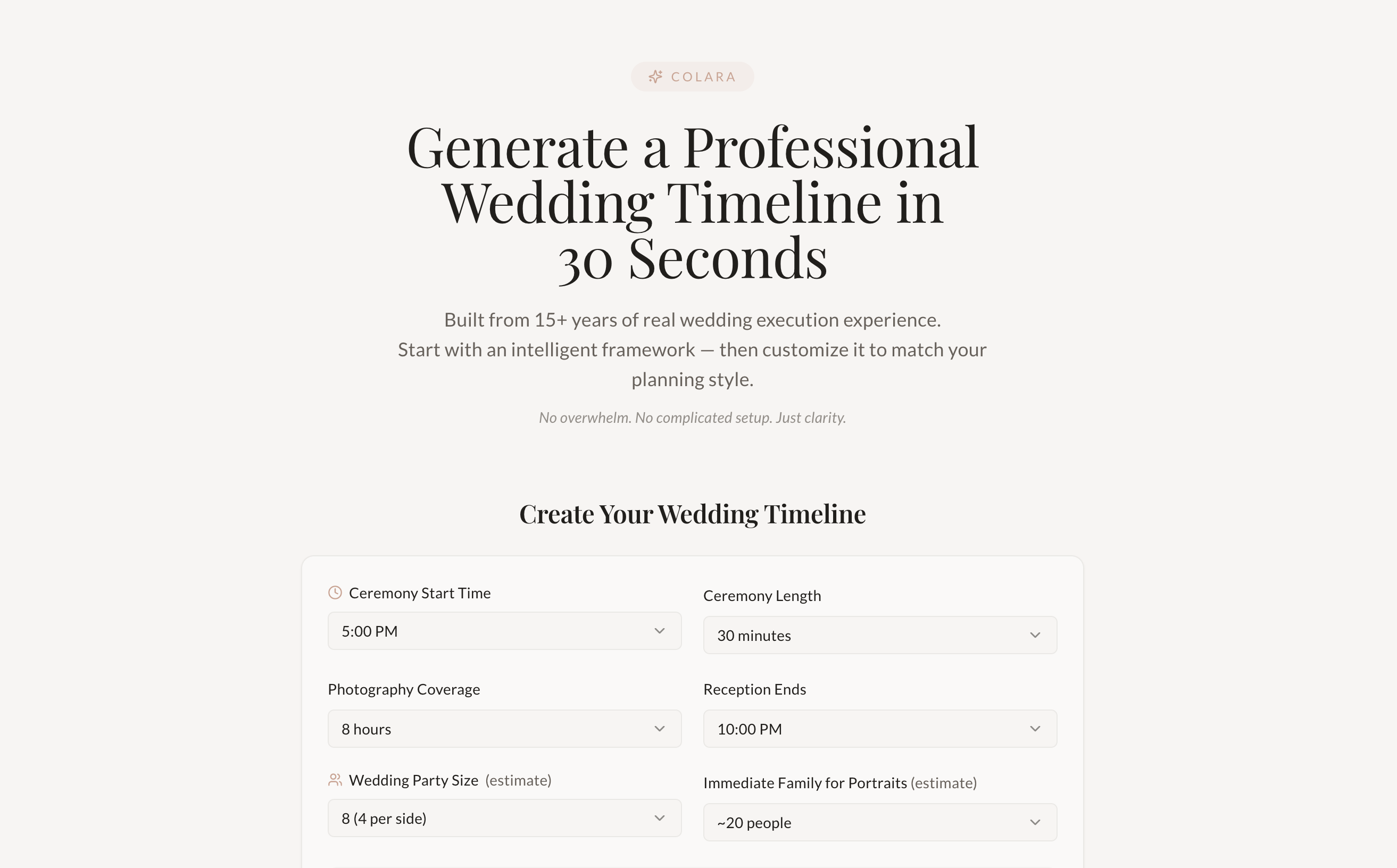 Colara's AI-powered interface for generating a professional wedding timeline in 30 seconds