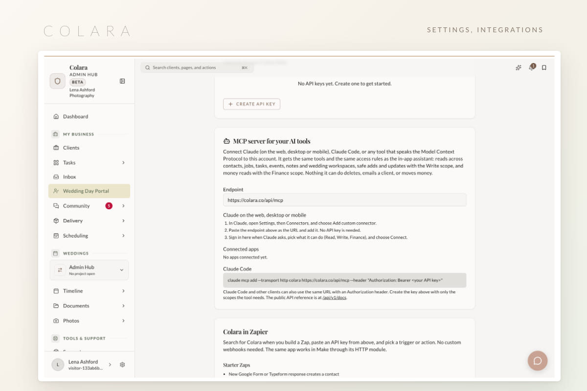 The Settings, Integrations page with the MCP server card, its endpoint, the Claude connection steps and the connected apps list