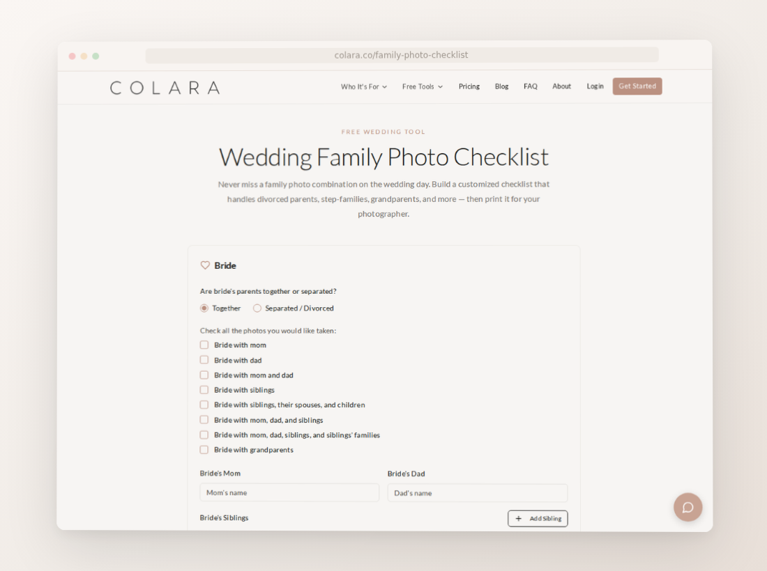 Screenshot of Colara's free Wedding Family Photo Checklist Generator — customize photo groupings for bride and groom sides