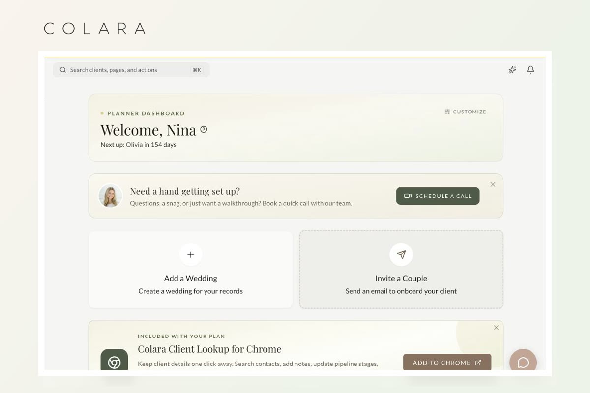 Wedding CRM dashboard with setup actions for adding a wedding and inviting a couple
