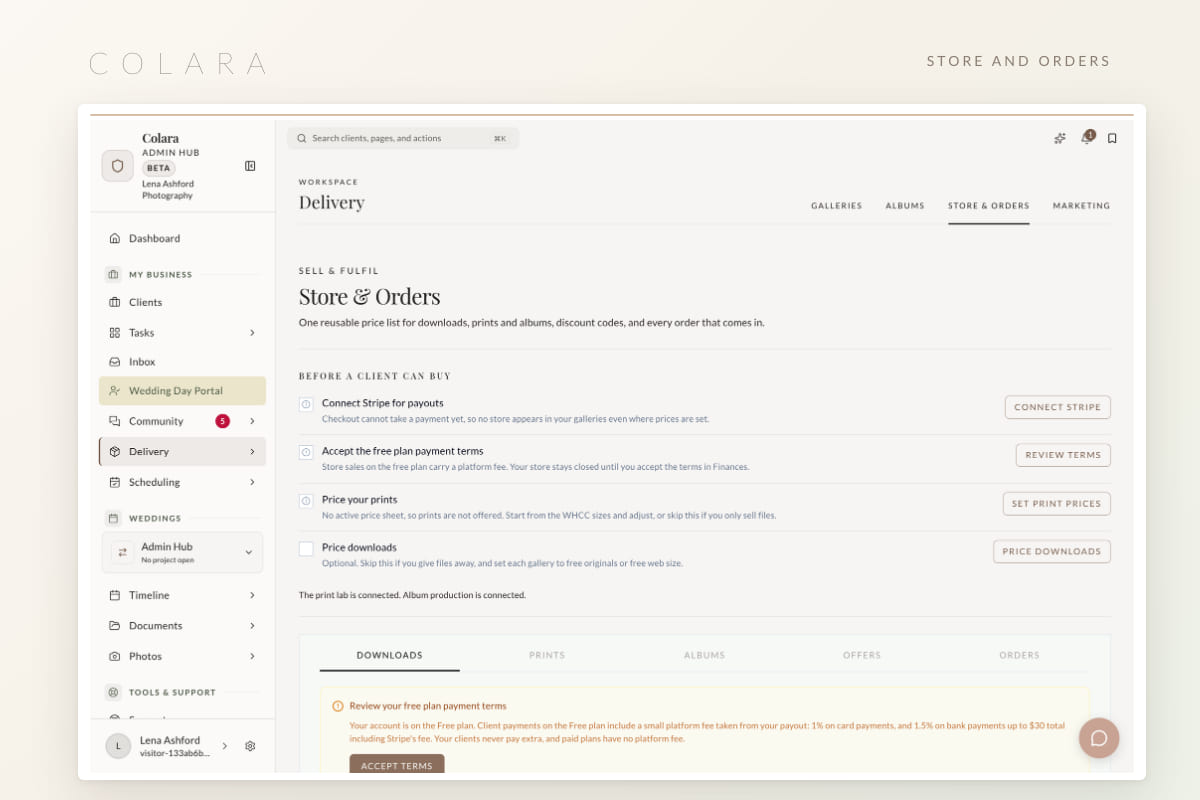 The Store and Orders page with its setup checklist and the Downloads, Prints, Albums, Offers and Orders tabs