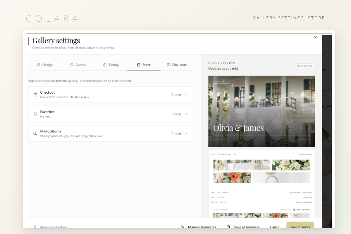 Gallery settings dialog on the Store tab with checkout, favorites and photo album switches