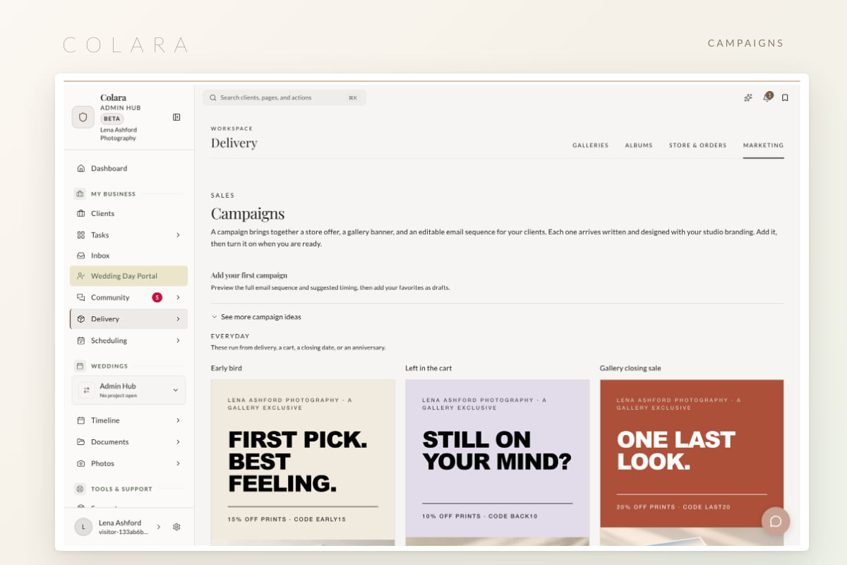 The Delivery Marketing tab in Colara with Early bird, Left in the cart and Gallery closing sale campaign cards