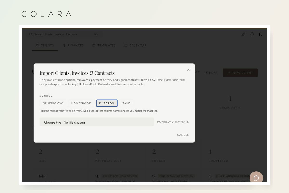 Dubsado import option in a wedding CRM client migration dialog