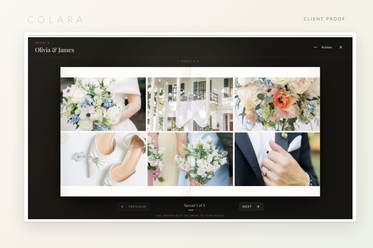 The client album proof on a laptop, showing spread one of three full screen