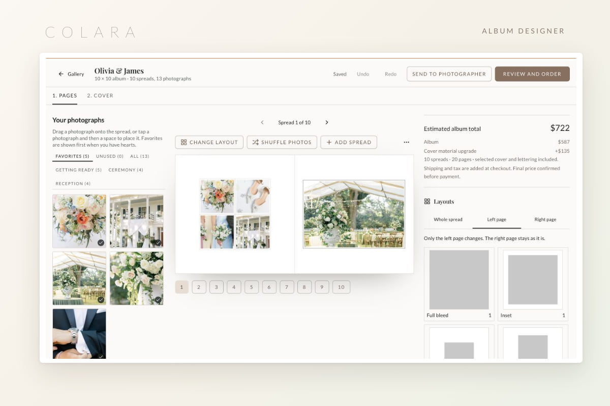 The Colara album designer showing a 10 x 10 album spread with the estimated album total and Send to client