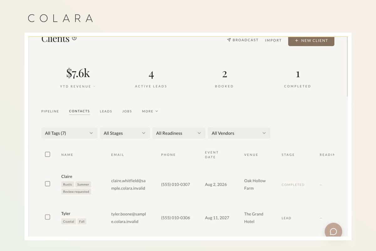 Wedding CRM contact list with filters, pipeline totals, and client stages