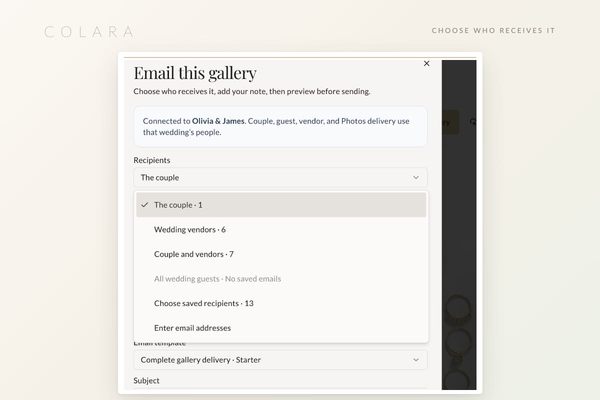 Email this gallery dialog with the Recipients menu open, listing the couple, wedding vendors, couple and vendors, all wedding guests and saved recipients