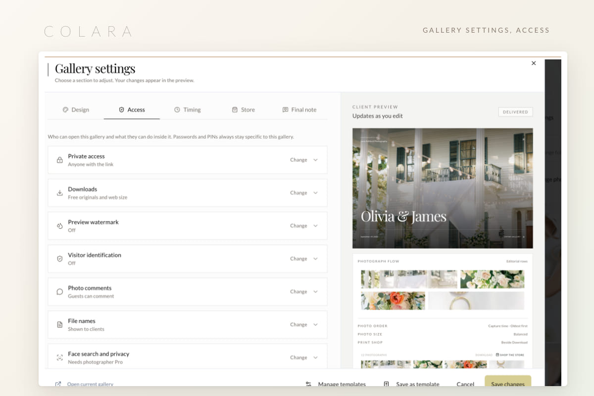 Gallery settings dialog on the Access tab with private access, downloads, preview watermark, visitor identification and photo comments
