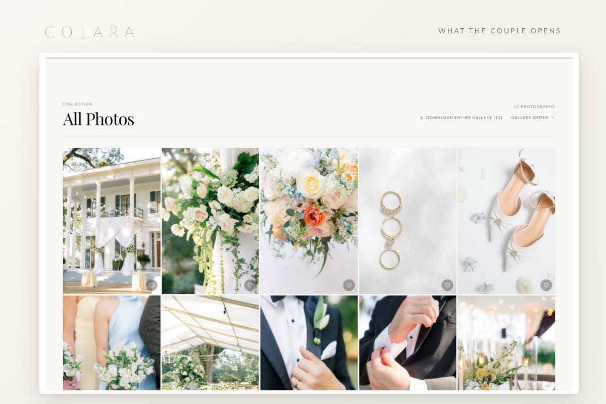 A delivered wedding gallery as the couple opens it, with the All Photos grid