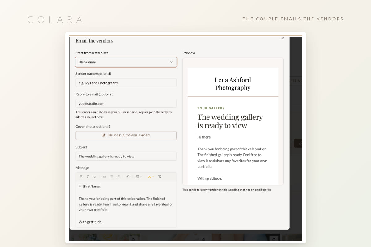 The couple's Email the vendors dialog with a preview of the gallery announcement sent on the photographer's behalf
