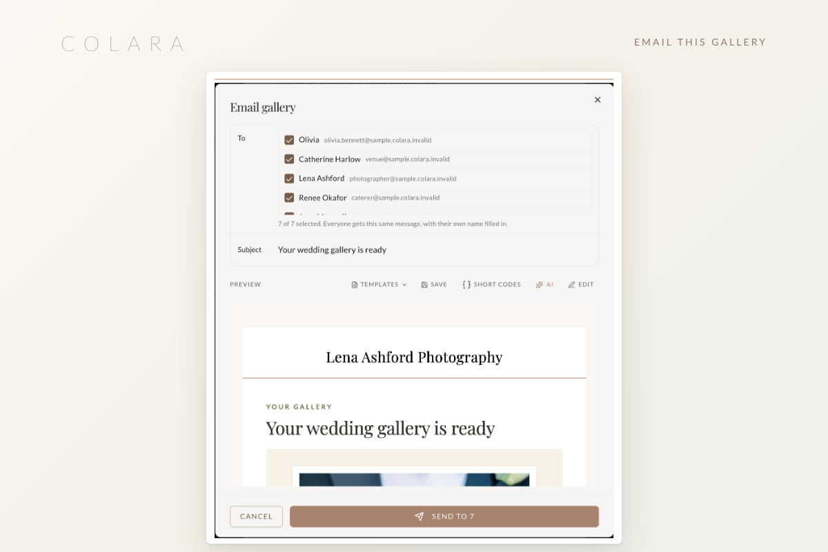 The Email this gallery dialog in Colara with the couple and six wedding vendors selected and a Send to 7 button