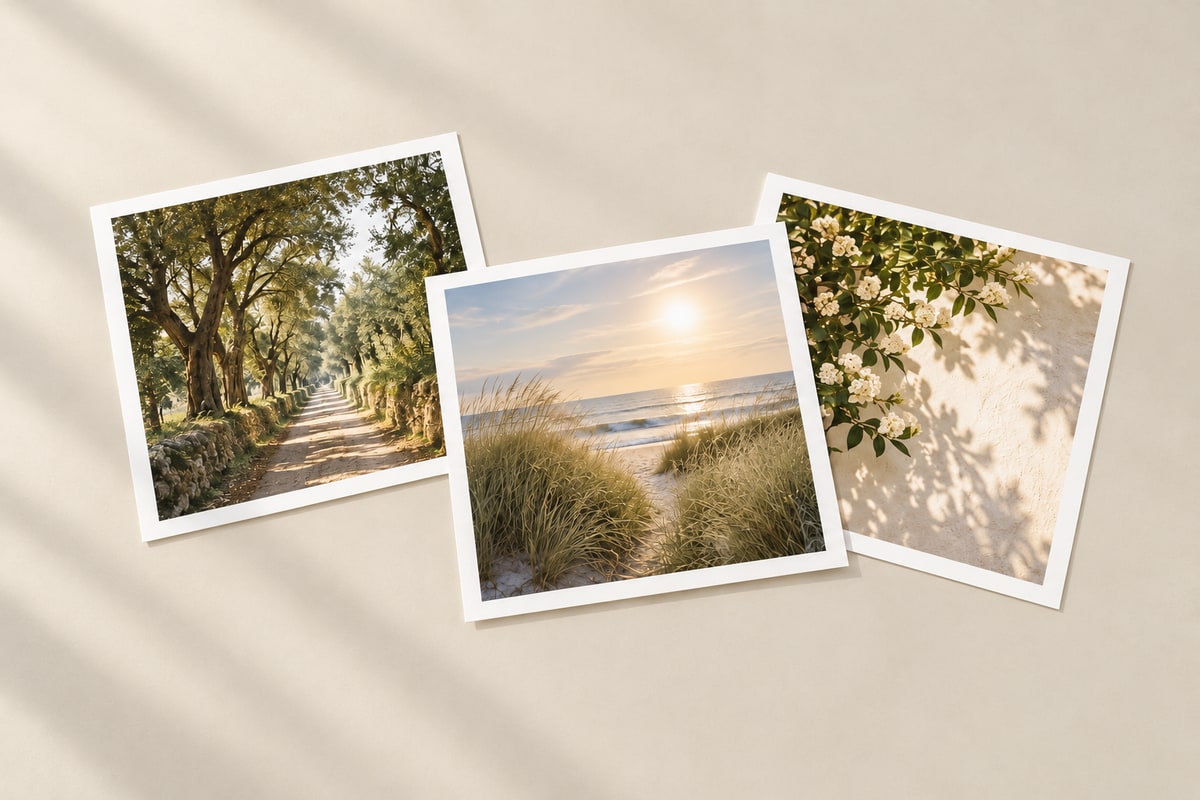 Three wedding prints arranged on a table